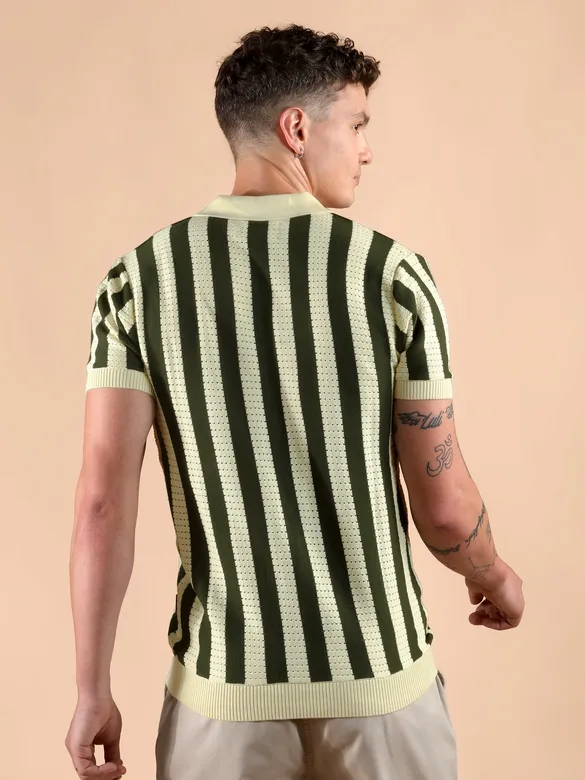 Olive Green Striped Flat Knit Shirt